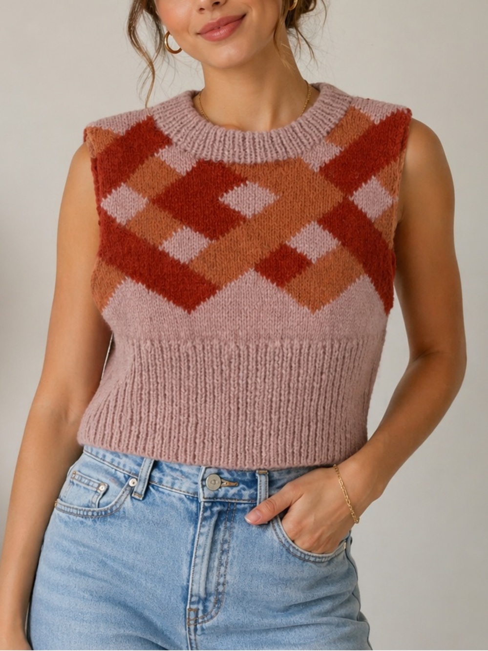 Katie Ann McGuigan “Kerry” Cropped Knit Sweater Vest Pink Argyle